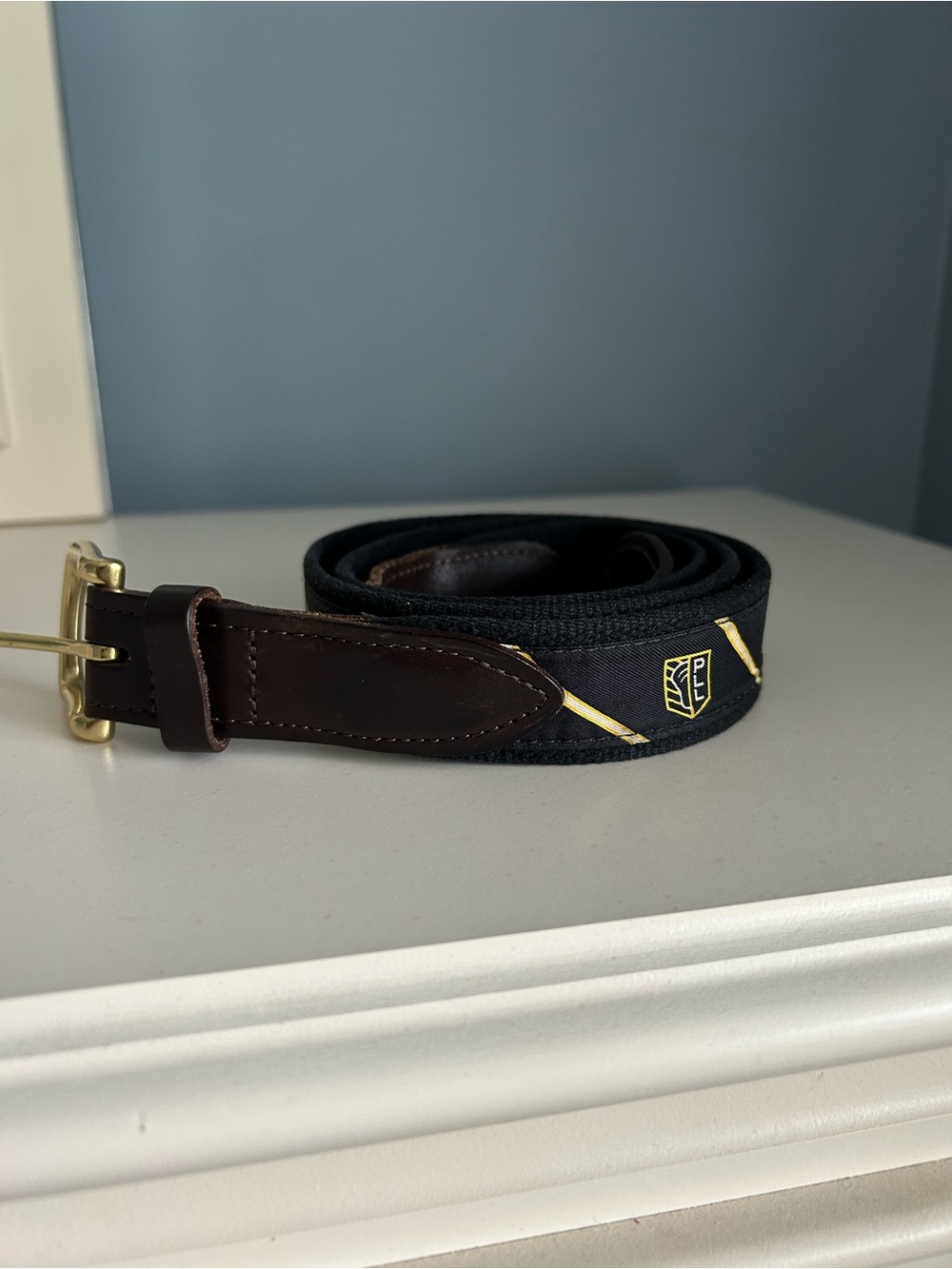 Vineyard Vines Black Webbing Belt with Brown Leather and Gold Trim